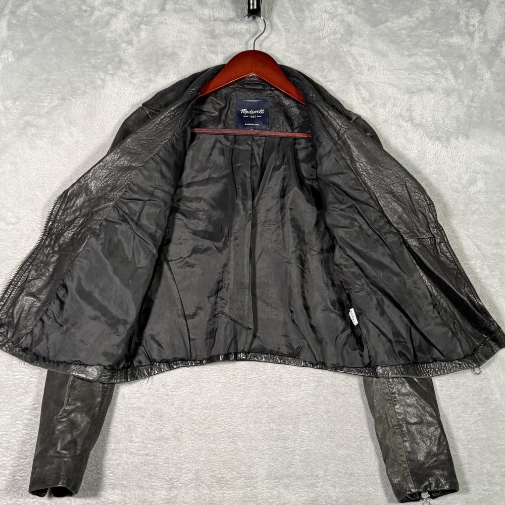 Madewell Jacket Womens S Black Washed Leather Moto Biker Asymmetrical Zip *FLAW - Picture 4 of 11